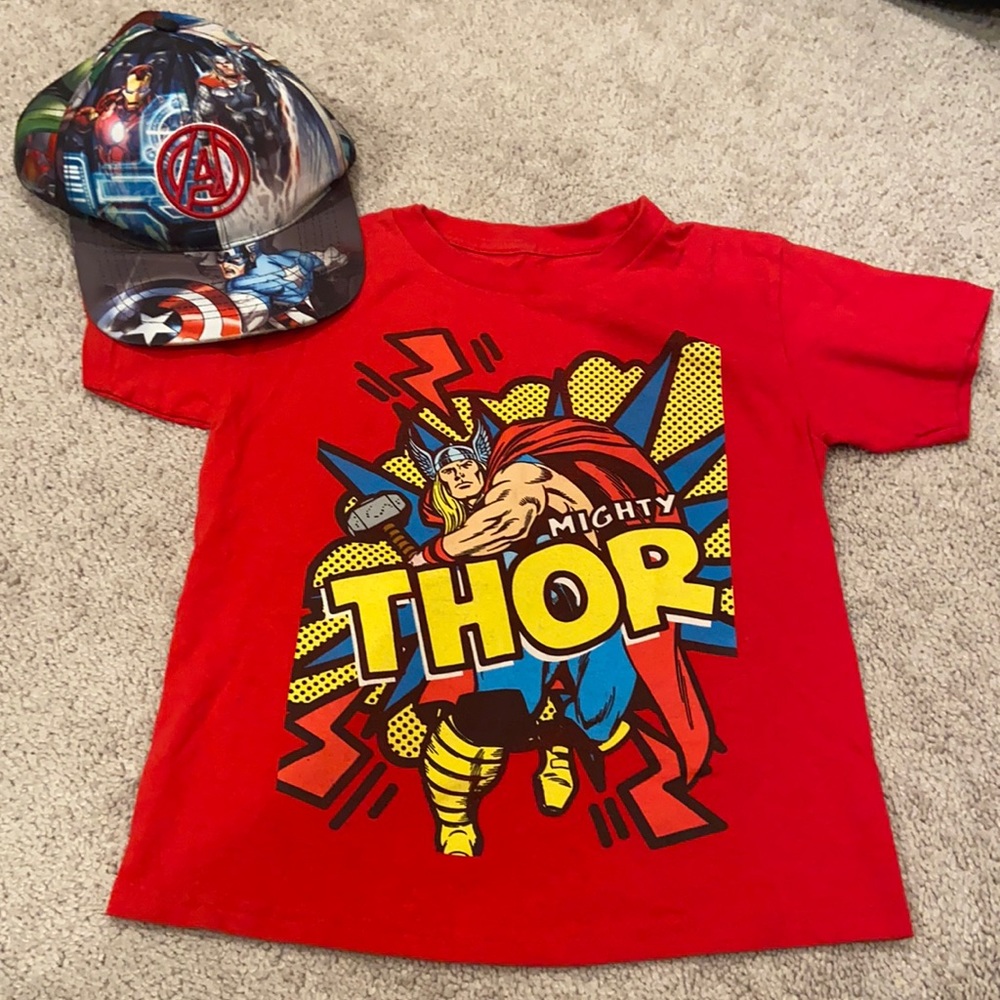 Thor shirt and Avengers hat